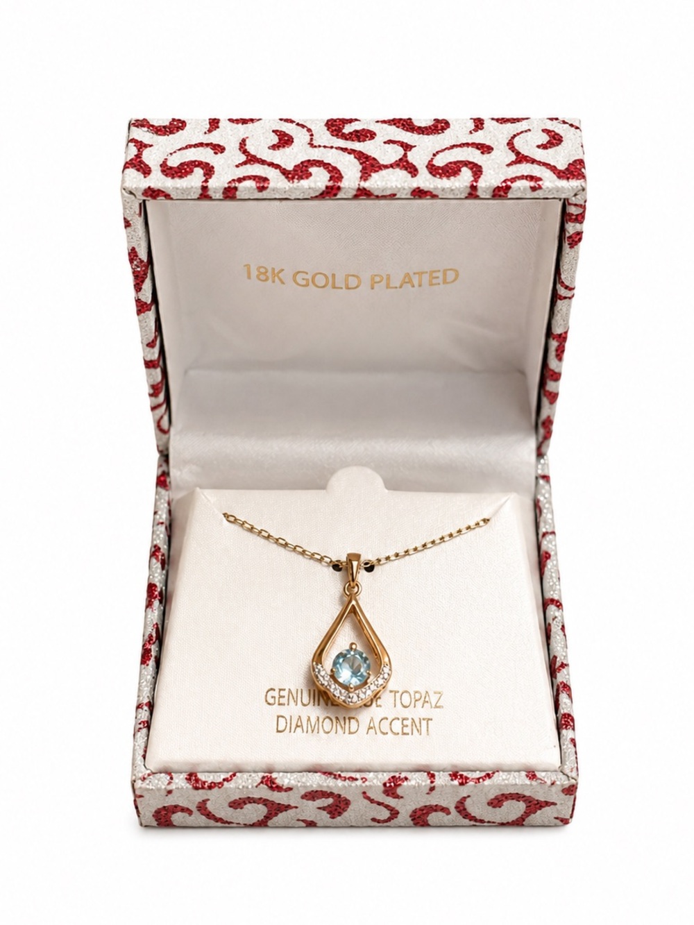 18K Gold Plated Genuine Blue Topaz & Diamond Necklace NWT Gift Box Included